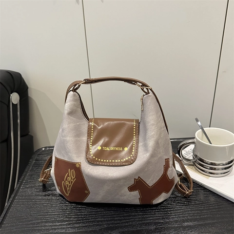 Bolso Tote de Mujer Retro de Lona y PU Patchwork Gran Capacidad Bolso de Hombro Casual Con Remaches y Parche de Perro Moda