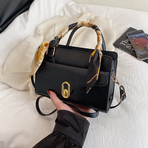 Damen Mode PU Leder Handtasche Mit Seidenschal Griff Dekoration Elegante Quadratische Umhängetasche Gold Metallschnalle Tasche