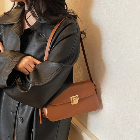 Bolso de Hombro de Cuero PU Vintage para Mujer Bolso de Axila Retro Color Sólido Con Cierre de Metal Dorado Bolso Cuadrado Pequeño
