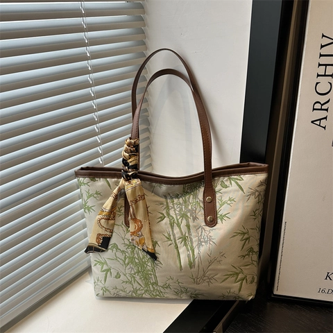 Neuer Chinesischer Stil Bambus Druck Tote Bag Für Damen 2025 Große Kapazität Segeltuch Umhängetasche Dekorativer Schal Handtasche