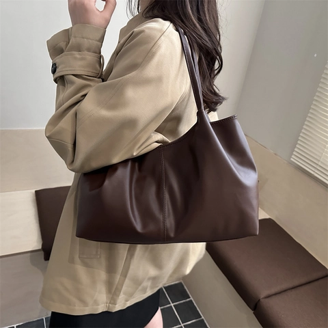 Bolso Tote de Gran Capacidad de Estilo Francés para Mujer Bolso de Hombro de Cuero PU Minimalista Bolso de Mano de Diseño de Nicho Color Sólido