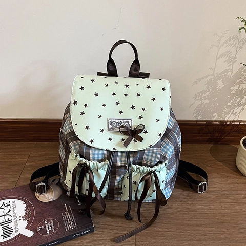Vintage Preppy Nylon Karierter Rucksack Für Damen Mit Schleife Und Sternenmuster Große Kapazität Mode Schule Rucksack
