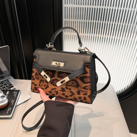 Borsa a Mano da Donna in Pelle PU con Stampa Leopardata Borsa a Tracolla Stile Kelly Vintage con Chiusura Piccola Shopping Bag