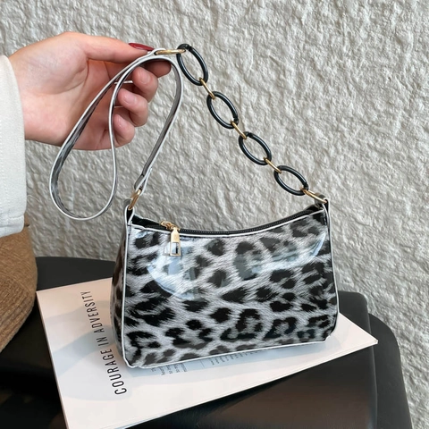 Damen Schultertasche Mit Leopardenmuster PU Leder Achseltasche Hobo Bag Mit Kettenverzierung Vintage Französischer Stil Mode Handtasche
