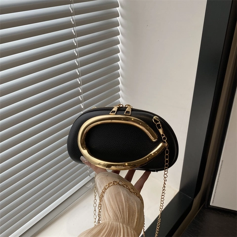 Pochette da Sera in Pelle PU da Donna Con Grande Manico in Metallo Dorato Tracolla a Catena con Texture Litchi per Festa