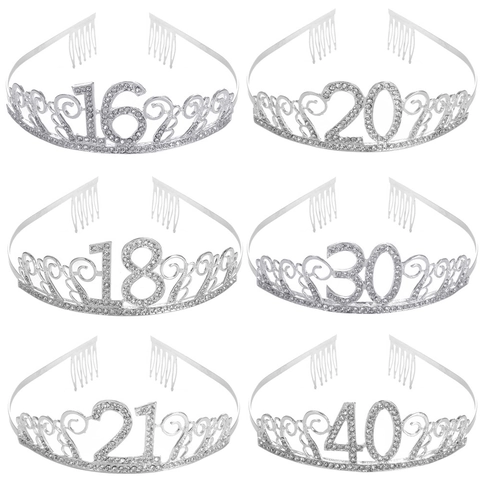 Tiara Corona di Compleanno con Strass Argento per Ragazze Donne Lega Numero Compleanno Festa Accessori per Capelli Gioielli