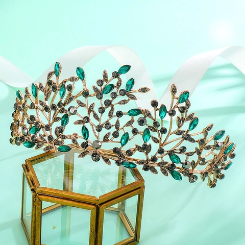 Baroque Vintage Bridal Crown For Women Luxurious Alloy Rhinestone Leaf Branch Tiara For Wedding Birthday Banquet Party Headpiece