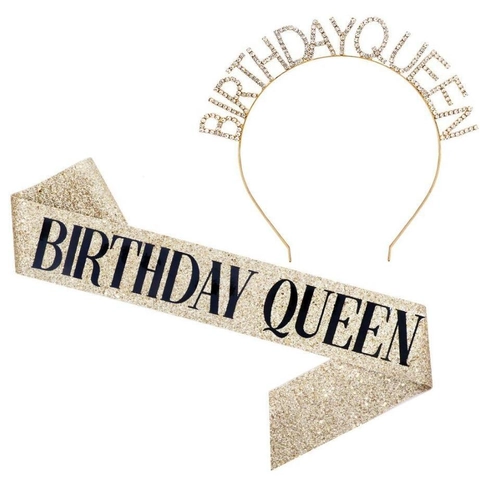 Cerchietto Tiara Birthday Queen e Fascia in Raso per Ragazza Corona in Lega con Strass per Decorazioni Festa Anniversario