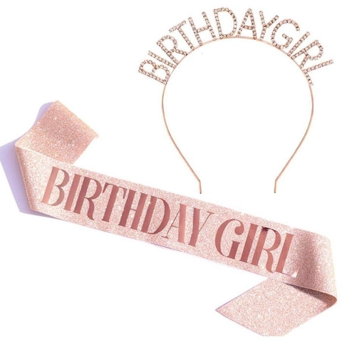 Cerchietto Tiara Birthday Queen e Fascia in Raso per Ragazza Corona in Lega con Strass per Decorazioni Festa Anniversario