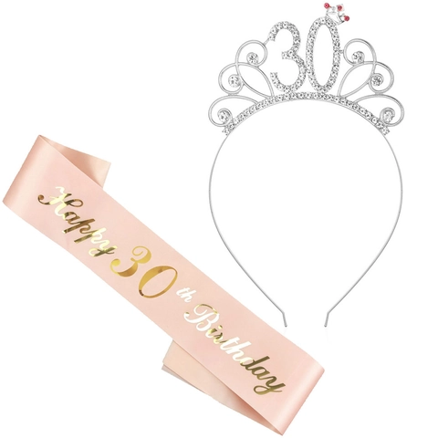 Tiara e Fascia di Compleanno Oro Rosa Happy Birthday Corona di Strass Con Fascia di Raso Rosa per Donna Decorazione Festa