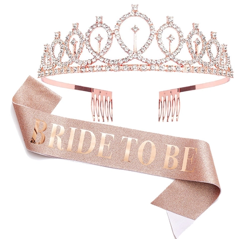 Ensemble Écharpe Bride To Be Or Rose Et Diadème En Strass Pour Enterrement De Vie De Jeune Fille Mariage Accessoires