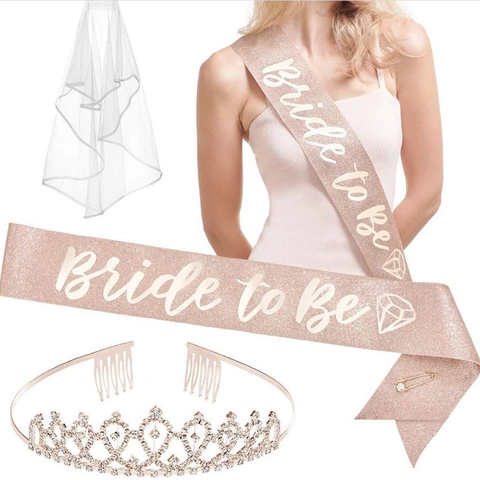 Ensemble d'Enterrement de Vie de Jeune Fille Bride To Be Avec Voile en Tulle Écharpe à Paillettes Couronne en Strass pour Mariage