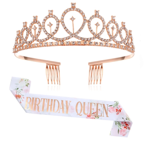 Fascia Birthday Queen e Tiara di Strass per Donne Ragazze Accessori per Decorazioni Festa di Compleanno Oro Rosa Oro Argento