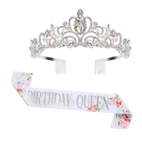 Tiara in Strass e Set Fascia con Stampa Floreale Corona Birthday Queen per Decorazioni Festa Donna Accessorio Tiara in Lega