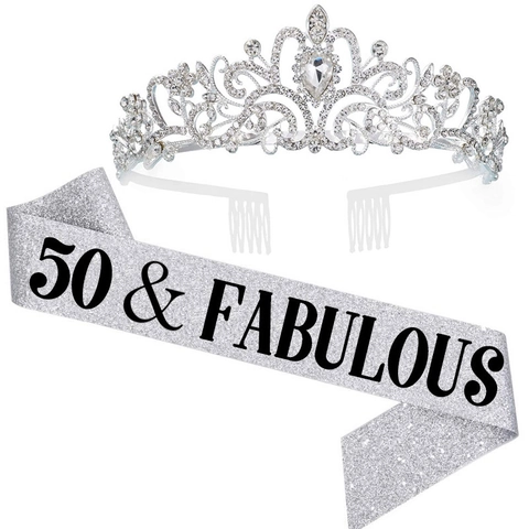 Set Decorazioni 50 Compleanno Oro Rosa Tiara Corona in Lega con Strass e Fascia in Raso Glitter Rosa per Donna Forniture Festa