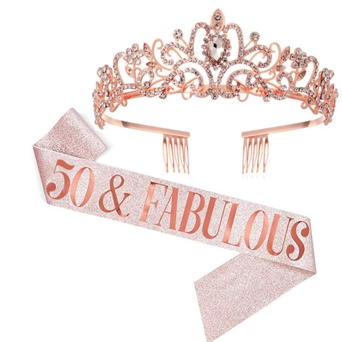 Set Decorazioni 50 Compleanno Oro Rosa Tiara Corona in Lega con Strass e Fascia in Raso Glitter Rosa per Donna Forniture Festa