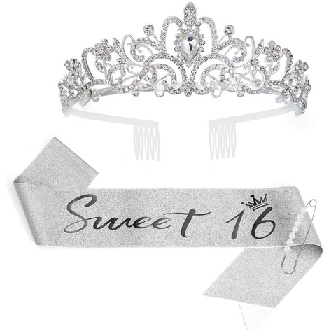 Décorations de Fête d'Anniversaire Sweet 16 Diadème en Alliage de Strass Écharpe à Paillettes Épingle en Perles Artificielles pour Cadeau 16 Ans