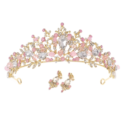 Elegante Tiara a Corona in Lega con Strass e Perline con Orecchini Set Fascia Birthday Queen per Donna Accessori Capelli Matrimonio