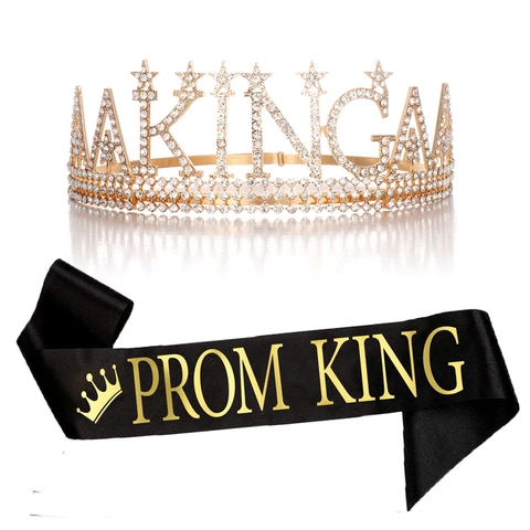 Ensemble Couronne et Écharpe Birthday King pour Hommes Couronne en Alliage de Strass et Écharpe en Satin Noir Décoration de Fête