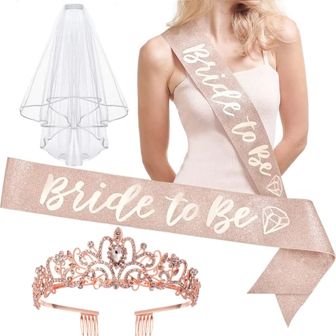 Conjunto de Fiesta de Boda Bride To Be Corona Tiara de Aleación con Strass Banda de Satén Blanco Velo de Tul Accesorios para Despedida de Soltera