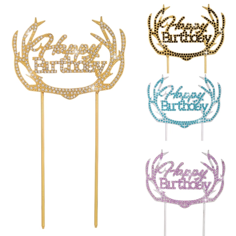 Alloy Rhinestone Happy Birthday Cake Topper Antler Design Shiny Metal Cake Decoration For Party Celebration Birthday Supplies