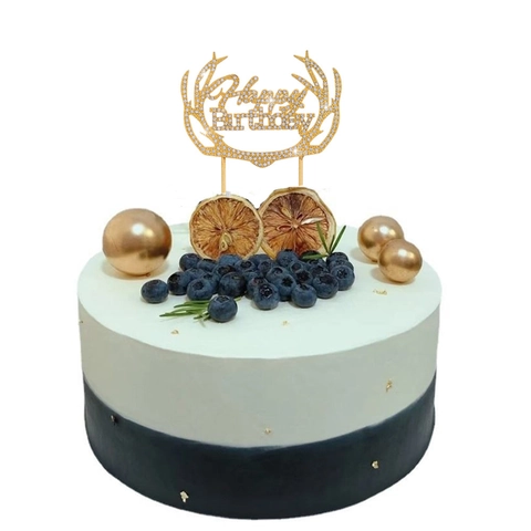 Alloy Rhinestone Happy Birthday Cake Topper Antler Design Shiny Metal Cake Decoration For Party Celebration Birthday Supplies