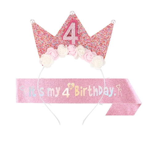 Set Rosa per Festa di Compleanno per Ragazze Fascia a Corona con Paillettes e Fascia Celebrazione Accessorio per Feste