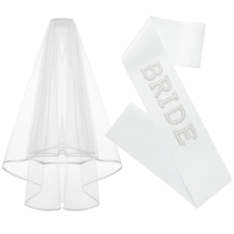 Set Fascia Sposa e Velo Lettere in Perle Artificiali e Strass Fascia di Raso per Addio al Nubilato Accessori Matrimonio