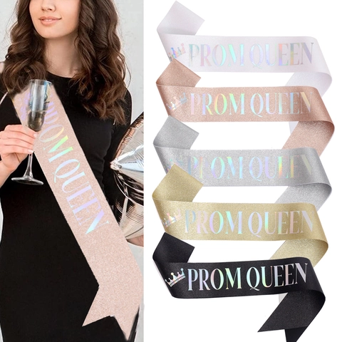 Prom Queen Sash With Crown Pattern Holographic Laser Lettering Glitter Polyester Etiquette Belt Graduation Party Accessory