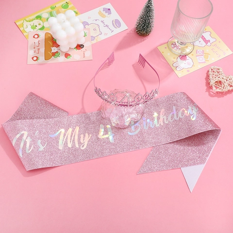 Banda de Cumpleaños con Purpurina Rosa para Niñas Letras Holográficas Banda de Princesa Decoraciones para Fiestas