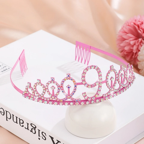 Tiara a Corona di Buon Compleanno per Ragazze Bambini Cerchietto in Lega con Strass Numero di Età Rosa Oro Rosa Accessori per Capelli