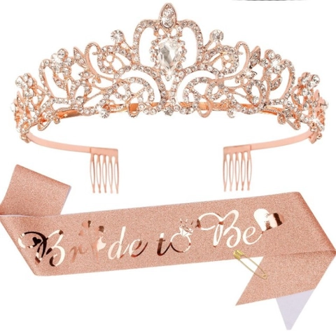 Bride To Be Junggesellinnenabschied Set Roségold Strass Tiara Krone Satin Schärpe Für Hochzeit Verlobung Party Dekoration