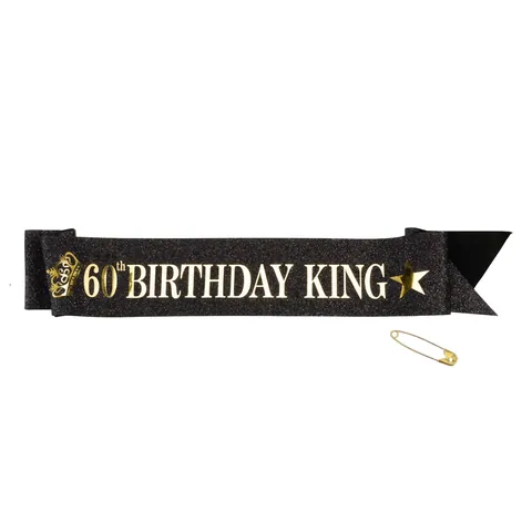 Écharpe Birthday King pour Hommes Paillettes Or Écharpe Noire Accessoires de Fête d'Anniversaire 18e 30e 40e 50e 60e Décoration de Célébration Avec Épingle