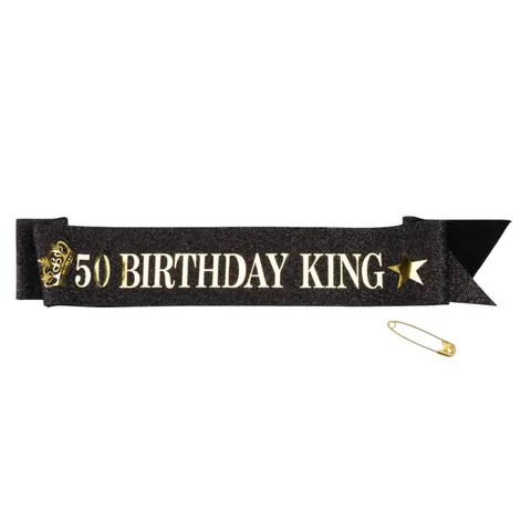 Écharpe Birthday King pour Hommes Paillettes Or Écharpe Noire Accessoires de Fête d'Anniversaire 18e 30e 40e 50e 60e Décoration de Célébration Avec Épingle