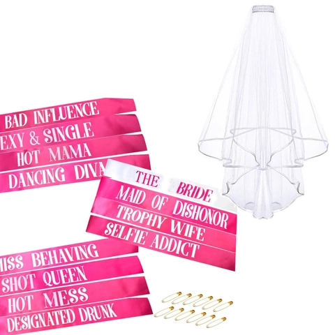 Kit de Banda para Despedida de Soltera y Velo de Novia con Eslóganes Divertidos Bandas de Cinta Peine para el Cabello Alfileres Accesorio de Fiesta de Despedida de Soltera Decoraciones de Boda Ducha Nupcial