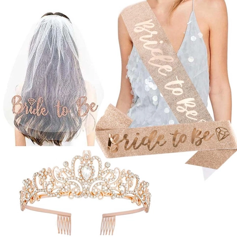 Accessoires d'Enterrement de Vie de Jeune Fille Bride To Be Diadème Strass Or Rose Voile Blanc Écharpe Satin Mariage