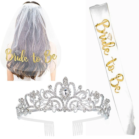 Accessoires d'Enterrement de Vie de Jeune Fille Bride To Be Diadème Strass Or Rose Voile Blanc Écharpe Satin Mariage
