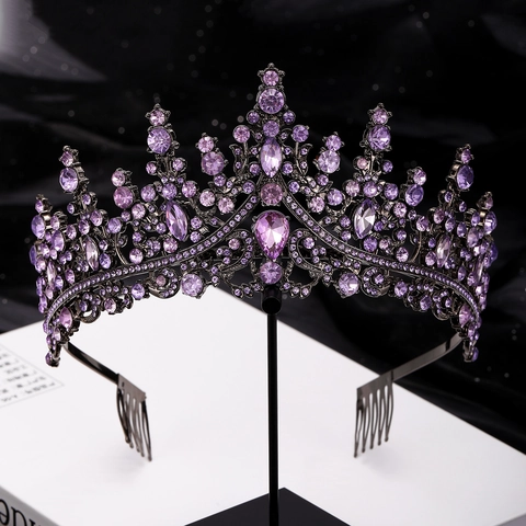 Lussuosa Corona Tiara in Lega di Strass Nera Barocca Gotica Per Matrimonio Festa Halloween Copricapo Per Donna Banchetto Gioielli Per Capelli