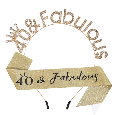 40 and Fabulous Birthday Tiara and Sash Set Alloy Rhinestone Crown Headband Glitter Sash For Women 40th Birthday Party Decorations Gold Silver Accessories