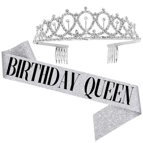 Rose Gold Birthday Girl Queen Tiara Crown And Sash Set Glitter Fabric Birthday Party Decorations For Women Rhinestone Tiara Headband