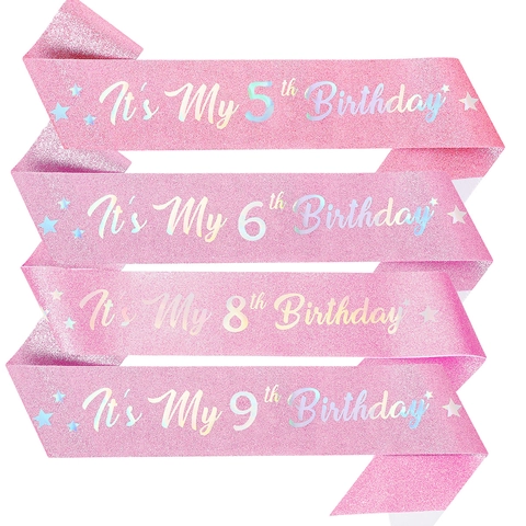 Banda de Cumpleaños con Purpurina Rosa para Niñas Letras Holográficas Banda de Princesa Decoraciones para Fiestas