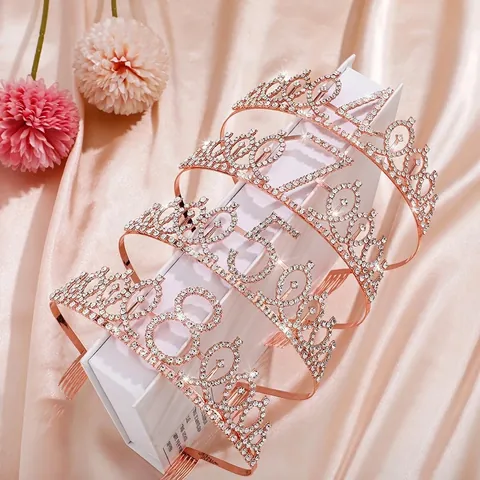 Rose Gold Kids Birthday Tiara And Sash Rhinestone Alloy Crown With Glitter Satin Shoulder Strap For Girls Party Decoration