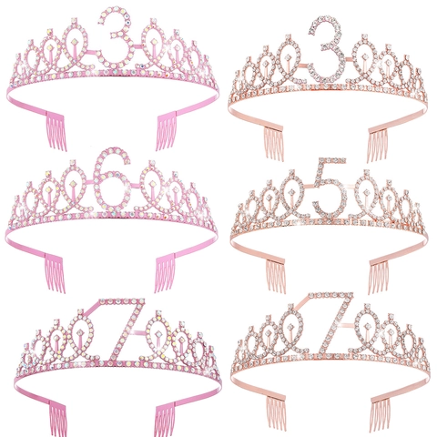 Tiara a Corona di Buon Compleanno per Ragazze Bambini Cerchietto in Lega con Strass Numero di Età Rosa Oro Rosa Accessori per Capelli