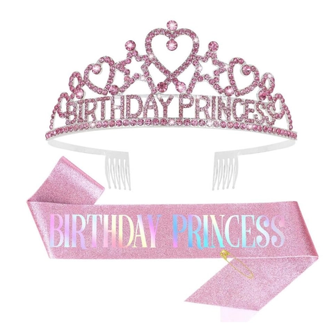 Ensemble Écharpe Anniversaire Princesse et Diadème en Strass pour Femmes Filles Décorations de Fête d'Anniversaire Écharpe Pailletée Couronne en Alliage Cristal