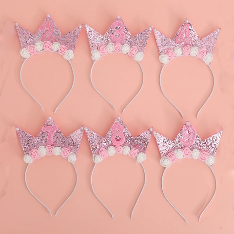 Cerchietto Compleanno Corona Rosa Glitter Con Fiori E Perle Artificiali Per Ragazze Principessa Festa Accessori Per Capelli