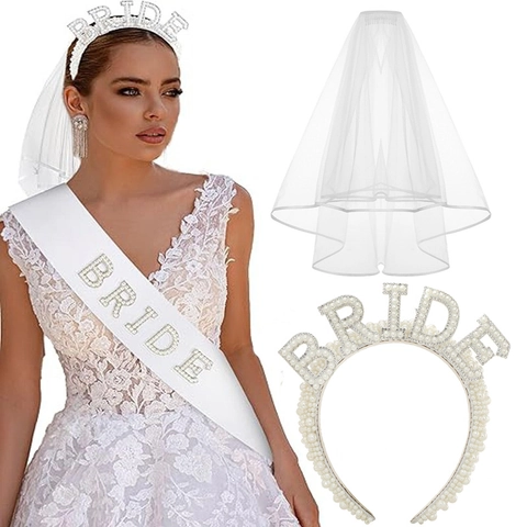 Set Decorazione Addio al Nubilato Perla Artificiale Strass BRIDE Cerchietto Satin Fascia Velo in Tulle per Matrimonio Festa Donna Accessori