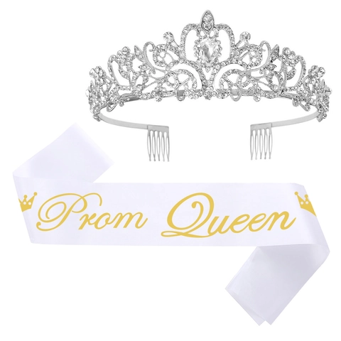 Prom Queen Sash and Tiara For Graduation Party Supplies Silver Rhinestone Alloy Crown With White Satin Etiquette Sash