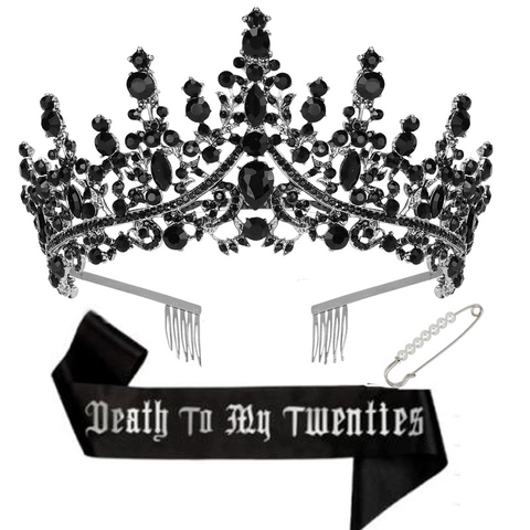Gothic 30 Compleanno Fascia Tiara Death To My Twenties Fascia in Satin Stampata Corona in Lega Strass Decorazioni Festa Donna