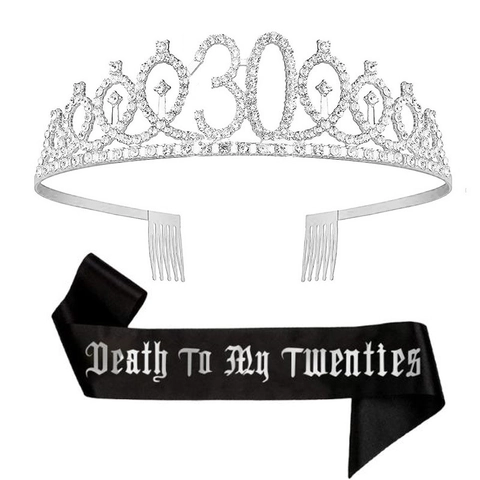 Gothic 30 Compleanno Fascia Tiara Death To My Twenties Fascia in Satin Stampata Corona in Lega Strass Decorazioni Festa Donna