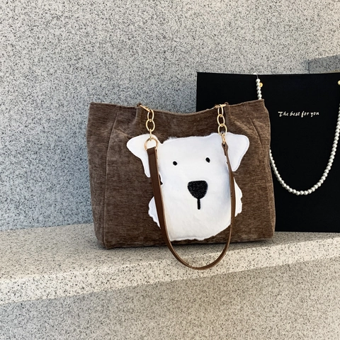 Vintage Cord Große Kapazität Tote Bag Für Damen Mode Cartoon Hund Patchwork Schultertasche Mit Metallkette Riemen Braun